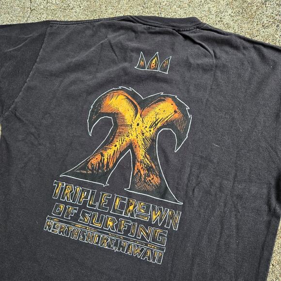 Vtg 90s TRIPLE CROWN OF SURFING North Shore Hawaii Surf Tee Shirt XL USA Made - Picture 2 of 7